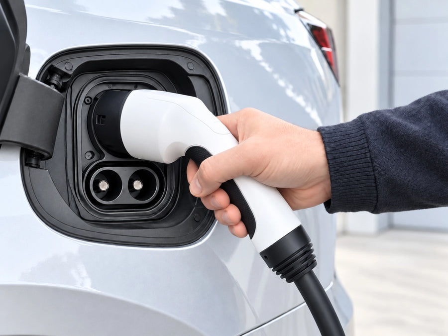 Plugging the Rheidon PC200 portable EV charger into a Schuko socket