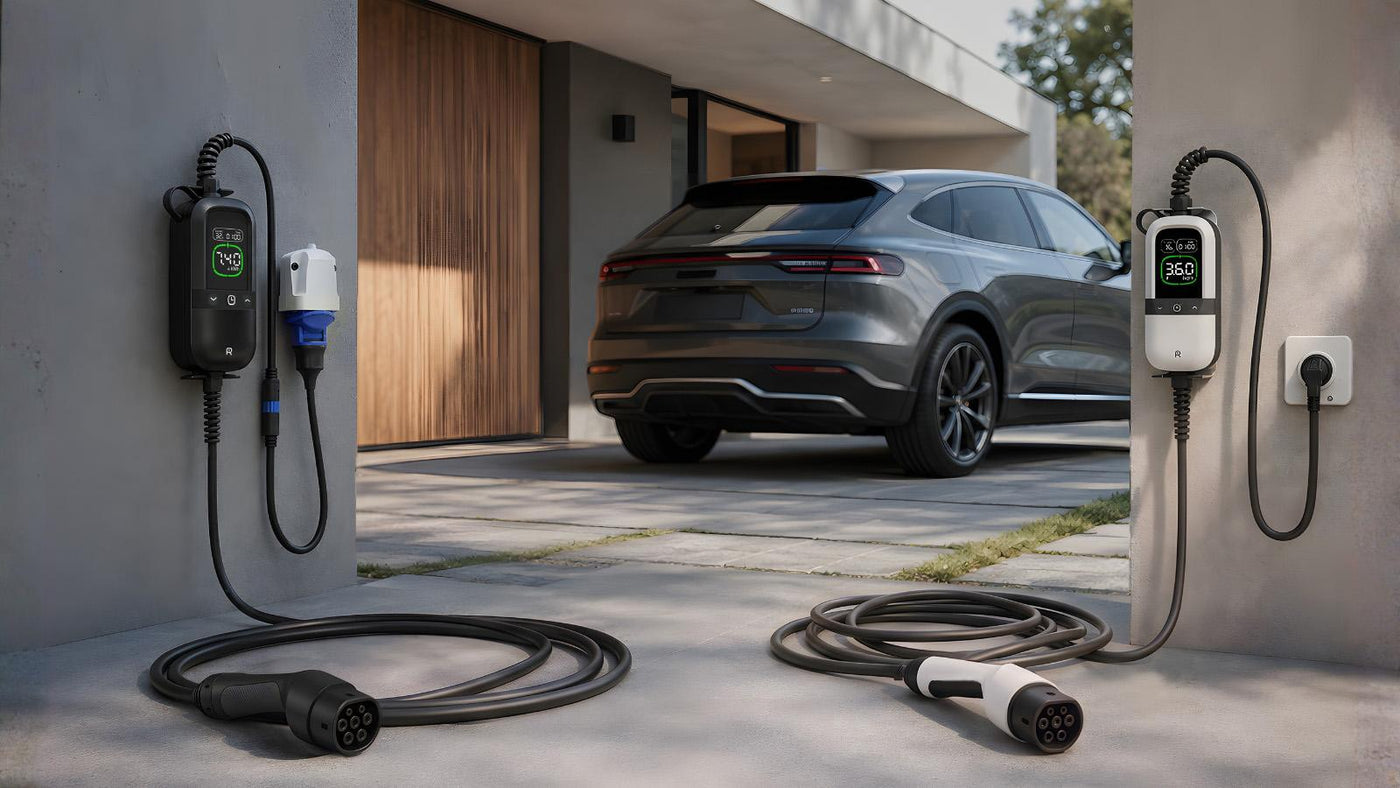 Two portable EV chargers outside a modern home