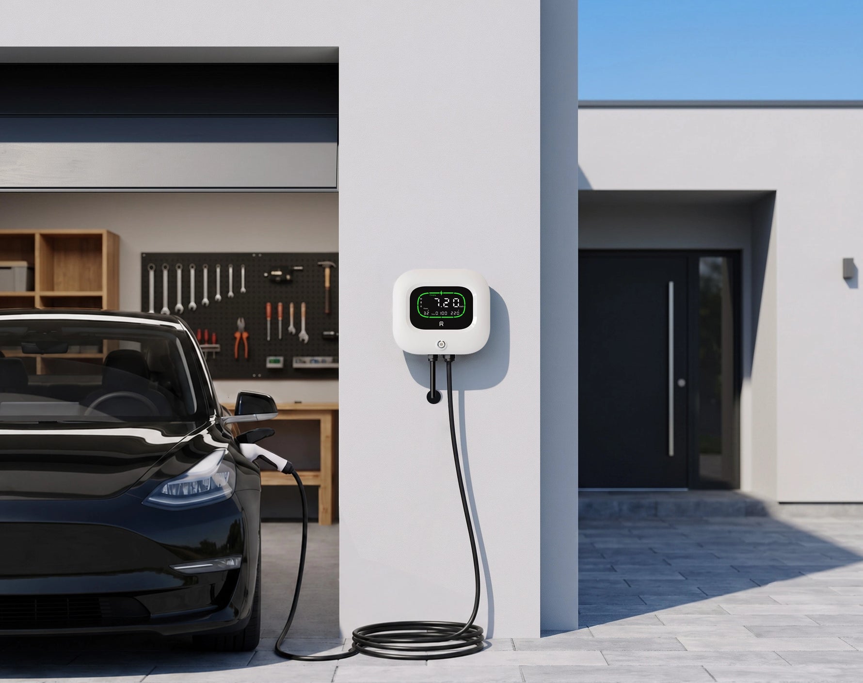 Electric car charging in a modern home garage