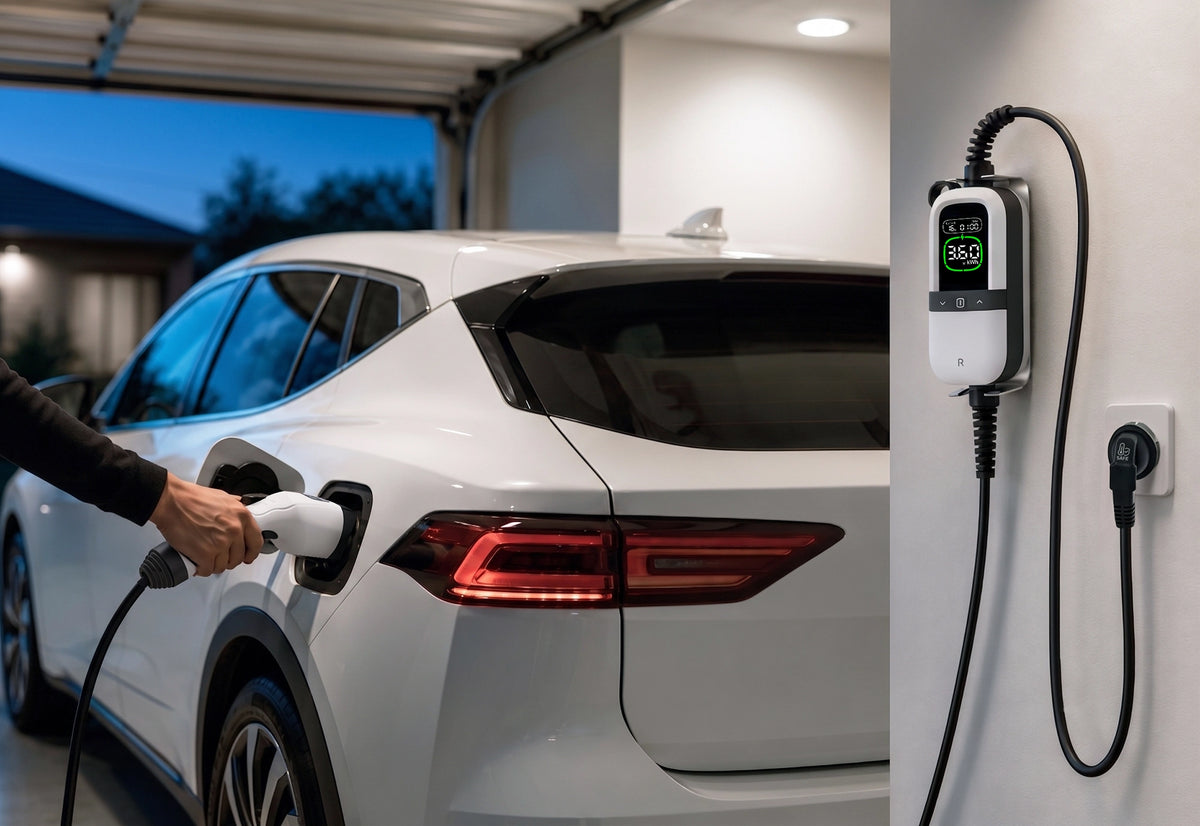 Rheidon PC200 portable EV charger charging an electric car at home