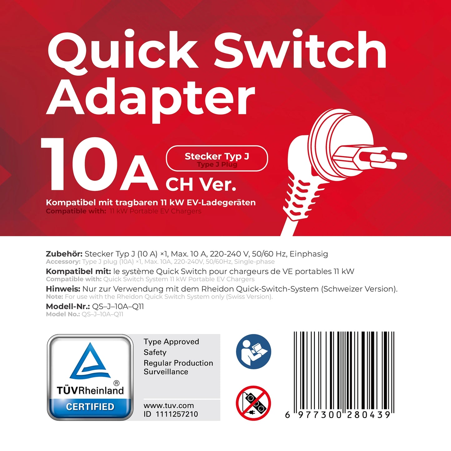 Typ-J-Stecker, 10A — Quick-Switch Adapter für den PC200 Pro 11K