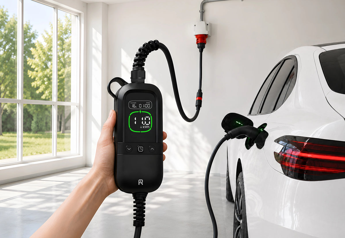 Rheidon PC200 Pro-11K portable EV charger charging an electric car at home