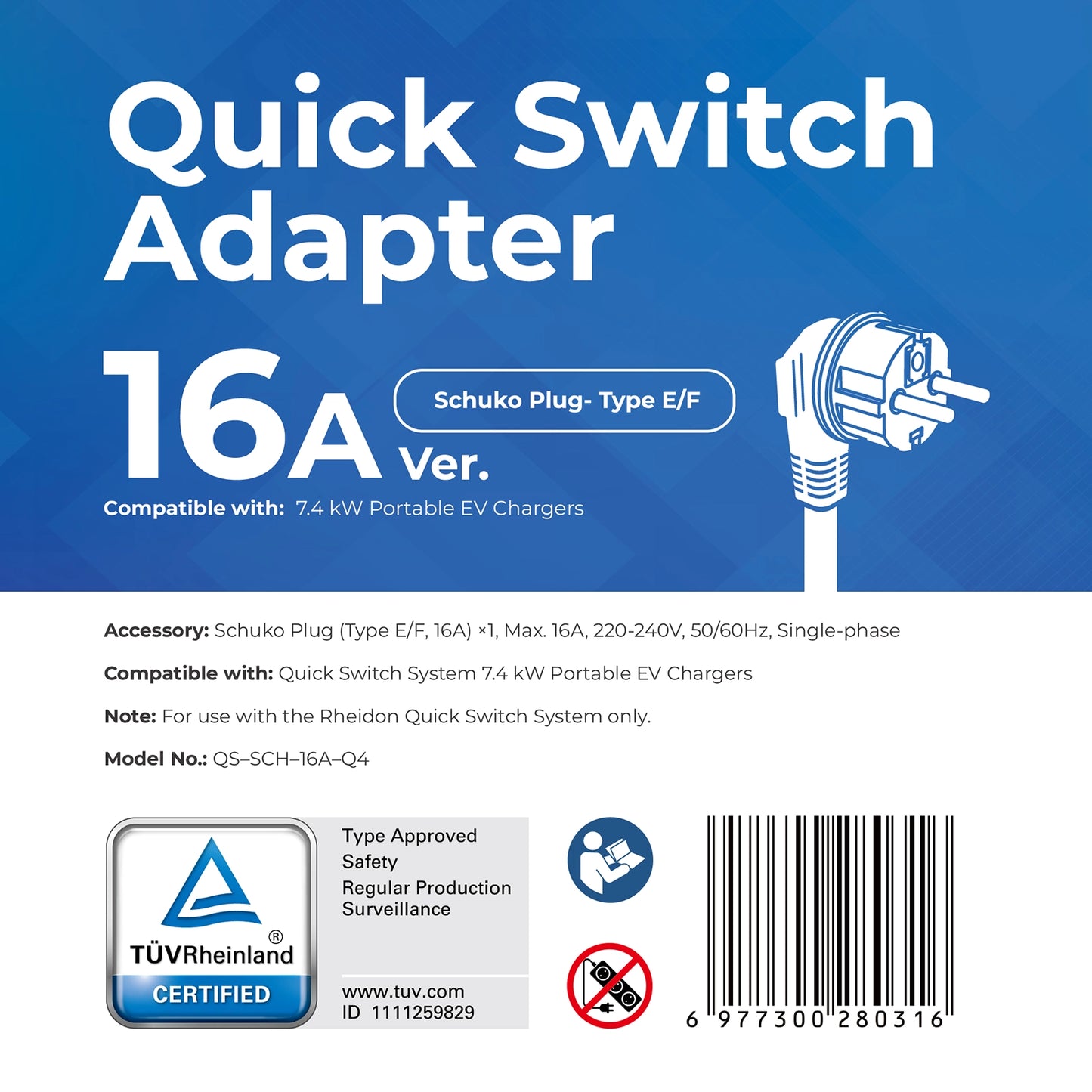 Schuko (Tipo E/F), 16A — Adattatore Quick-Switch per il PC200 Pro 7K4