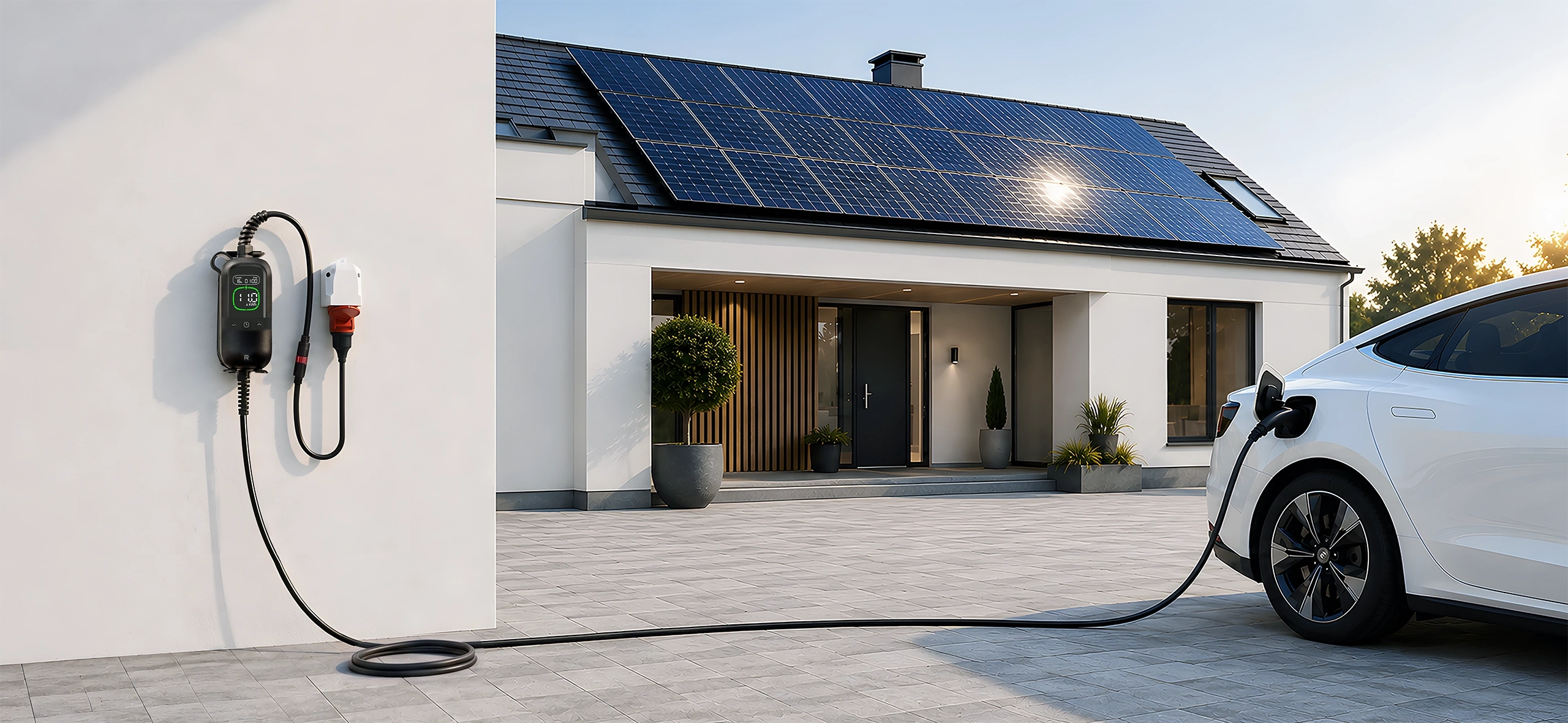 EV charging beside a home entrance