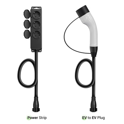 EV charging accessories including a 4-socket weatherproof power strip and a Type 2 to Type 2 extension cable with twist-lock connectors