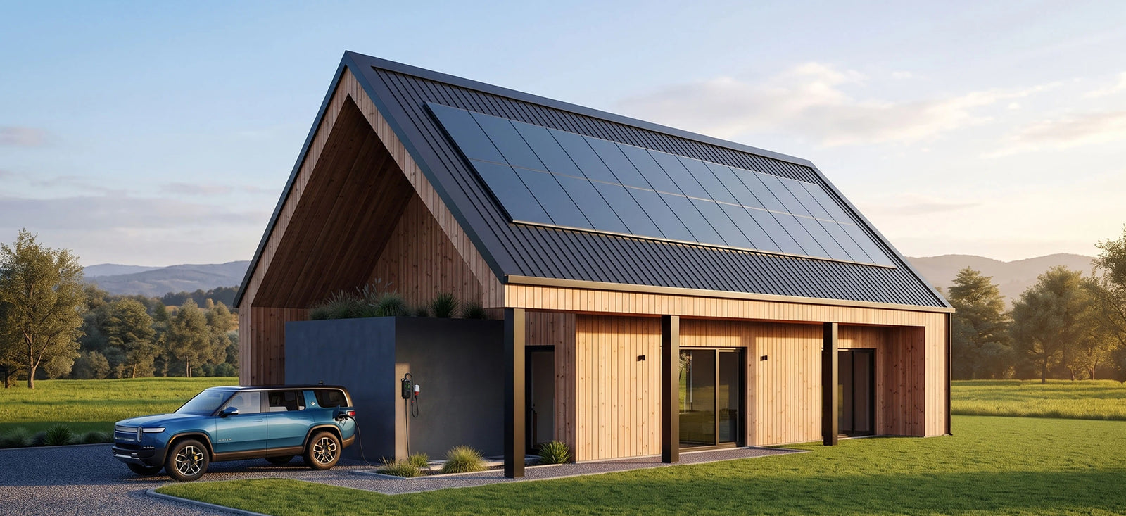 Electric vehicle charging at a modern home with solar panels