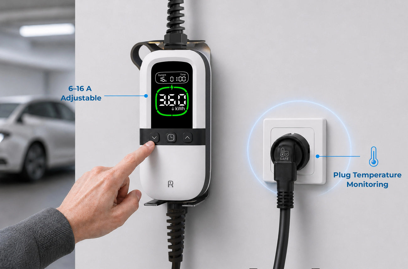Rheidon PC200 EV charger with adjustable current and plug temperature monitoring