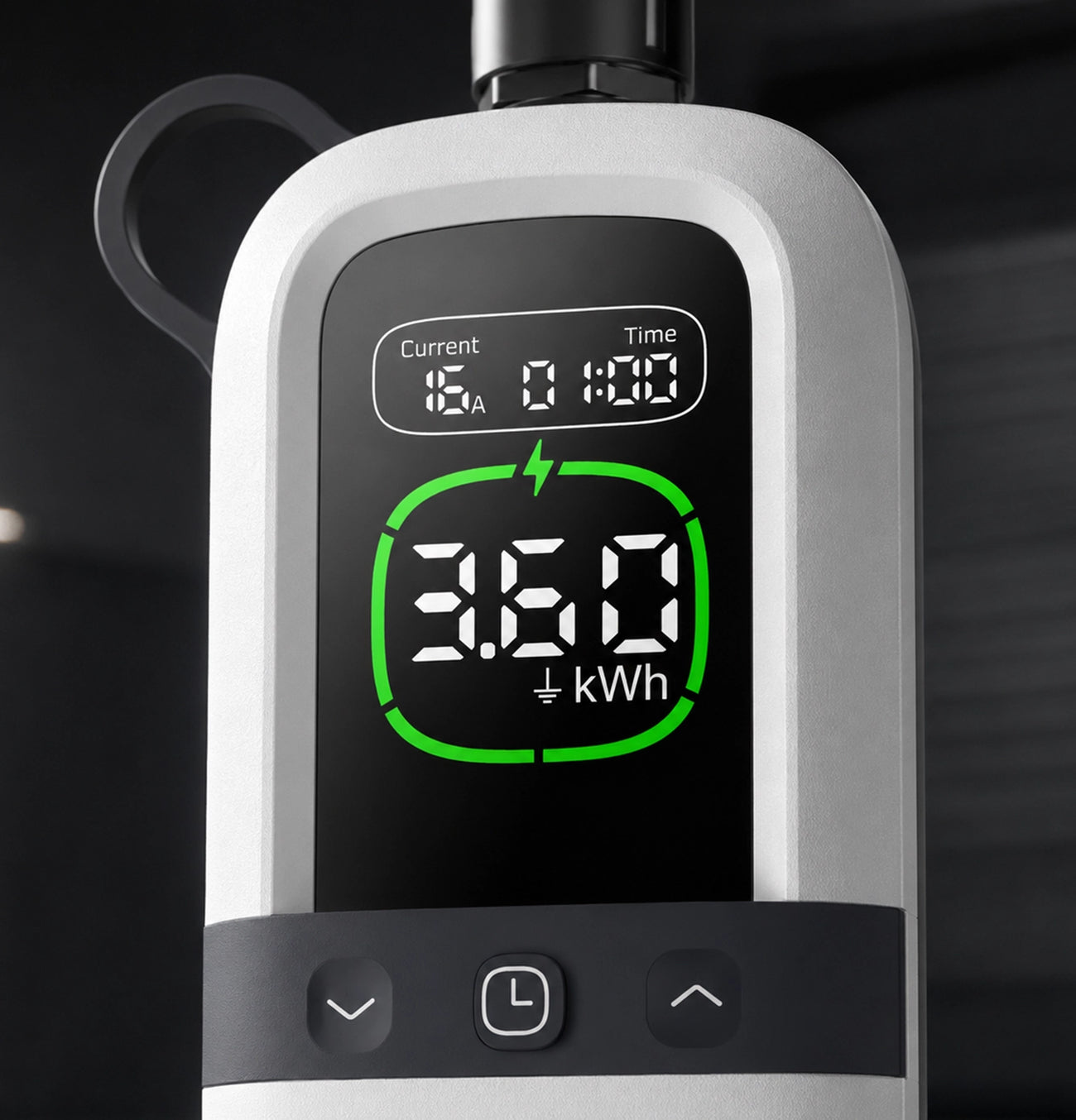Rheidon PC200 EV charger display showing real-time charging data
