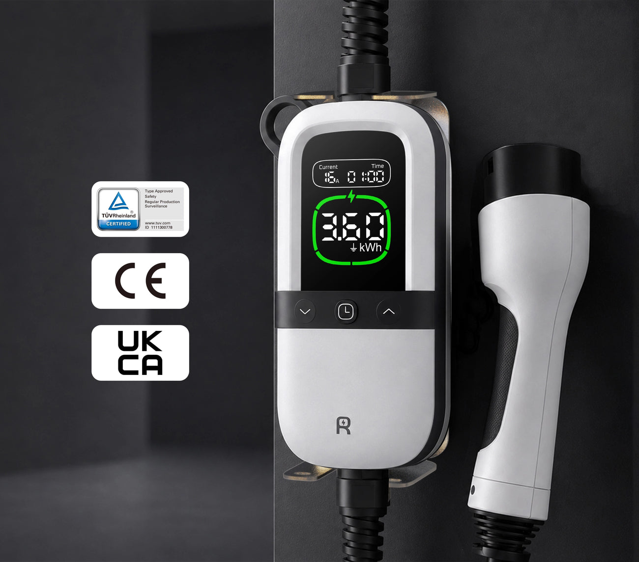 Rheidon PC200 portable EV charger with TÜV, CE and UKCA certifications