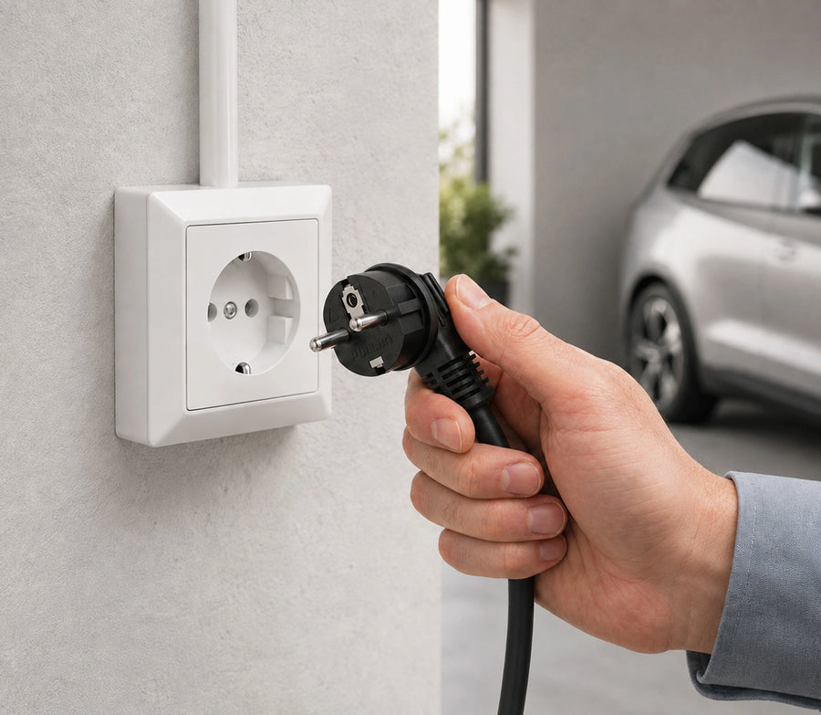Plugging the Rheidon PC200 portable EV charger into a Schuko socket