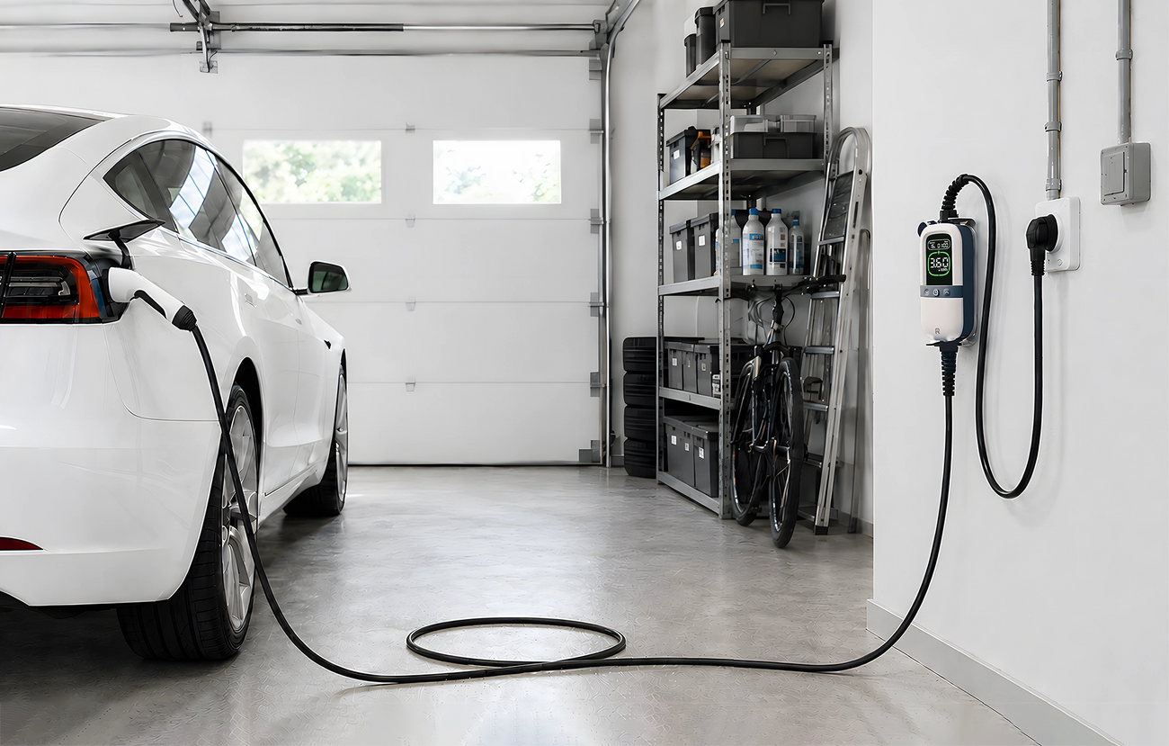 Rheidon PC200 portable EV charger charging an electric car in a home garage