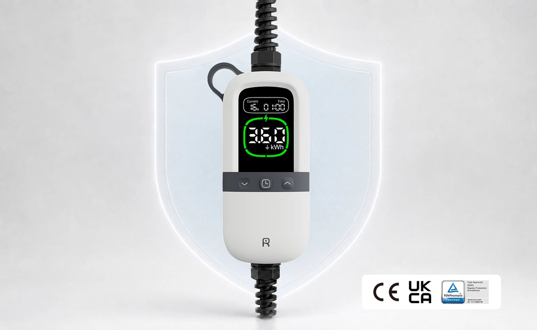 Rheidon PC200 portable EV charger with CE, UKCA and TÜV safety certifications
