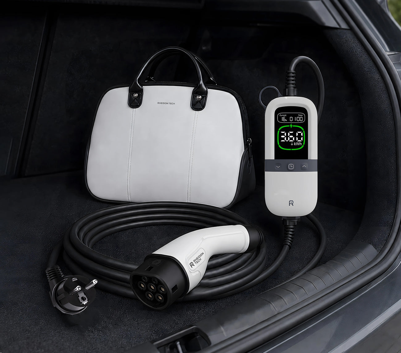 Rheidon PC200 portable EV charger with carrying bag