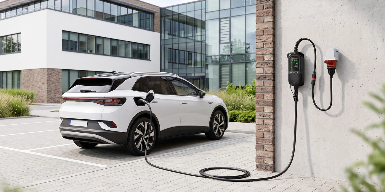 Rheidon PC200 Pro-11K portable EV charger charging an electric car outdoors