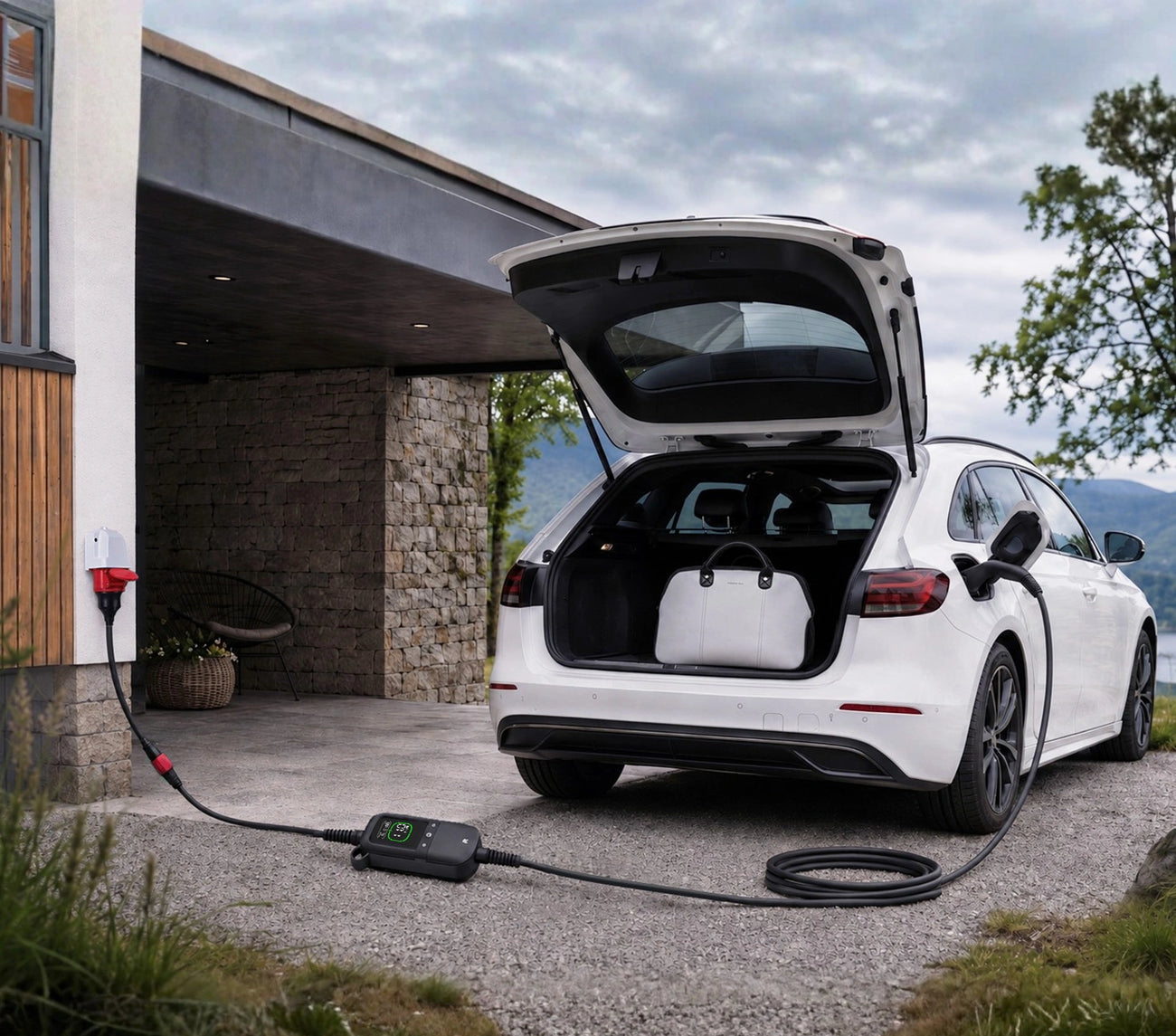 Rheidon PC200 Pro-11K portable EV charger connected to a three-phase CEE socket outside a home