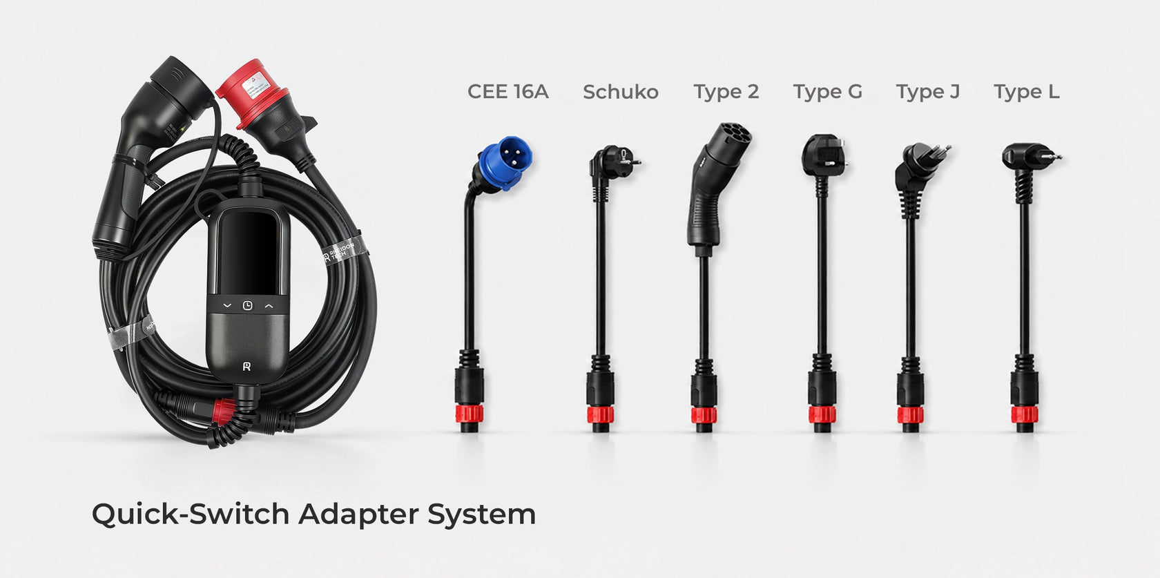 Rheidon PC200 Pro 11kW portable EV charger with CEE 16A, Schuko, Type 2, Type G, Type J and Type L adapters.