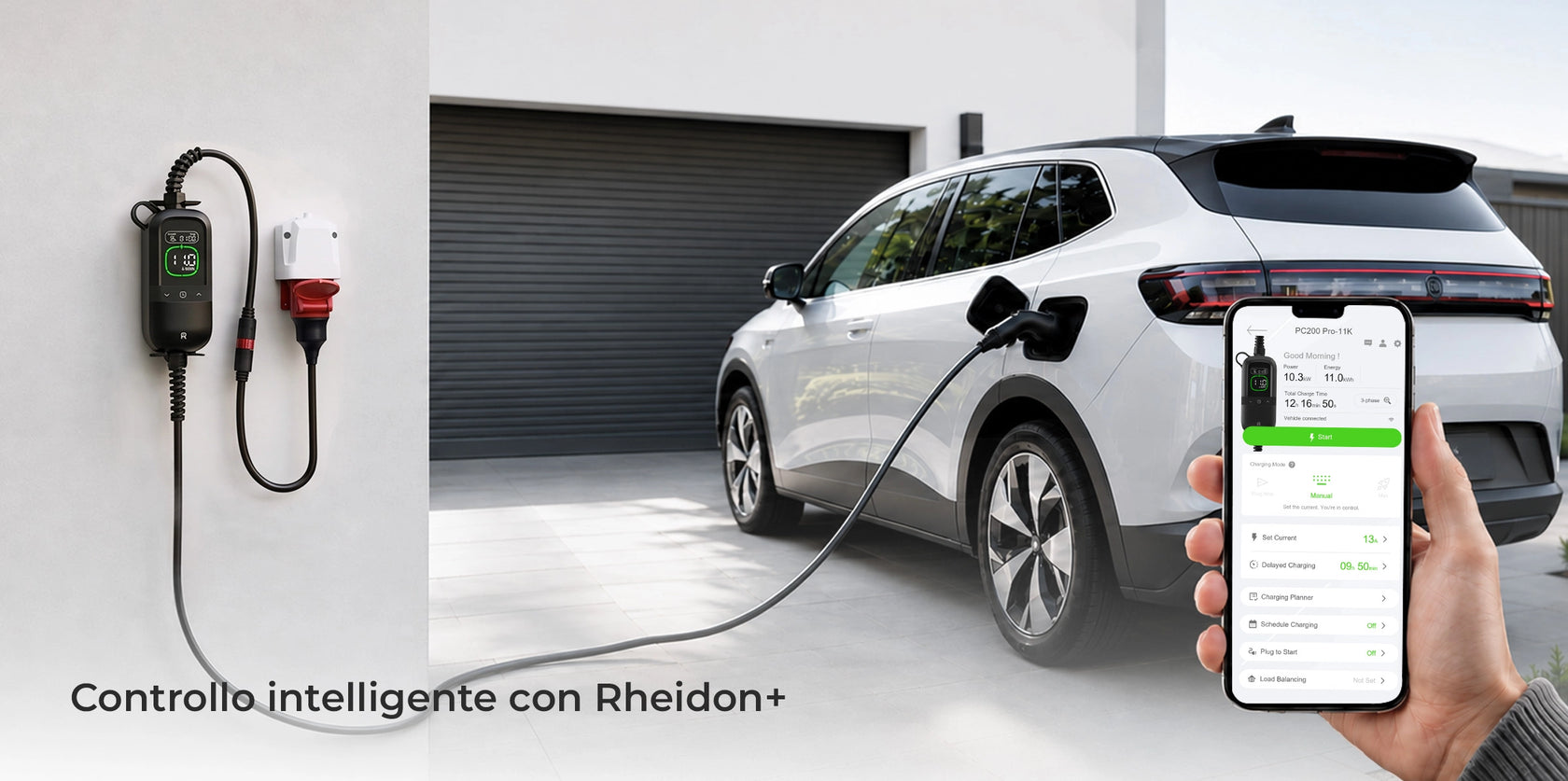Rheidon PC200 Pro 11kW charging an electric car with charging controls displayed in the Rheidon+ app.