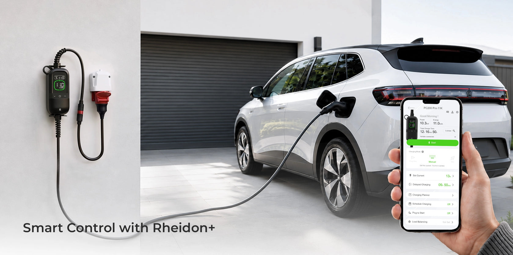 Rheidon PC200 Pro 11kW charging an electric car with charging controls displayed in the Rheidon+ app.