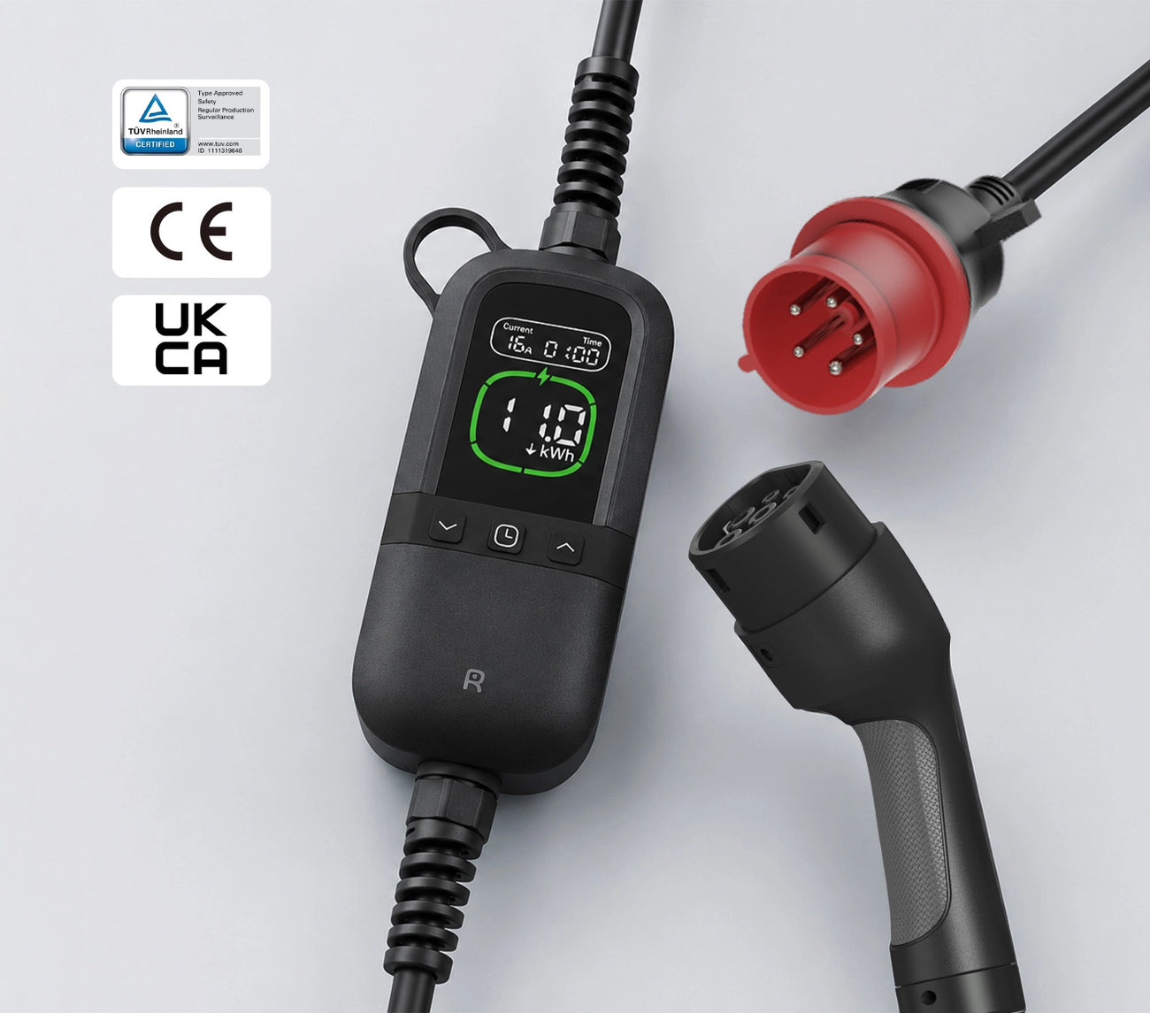 Rheidon PC200 Pro-11K portable EV charger with TÜV Rheinland certification and CE and UKCA conformity markings