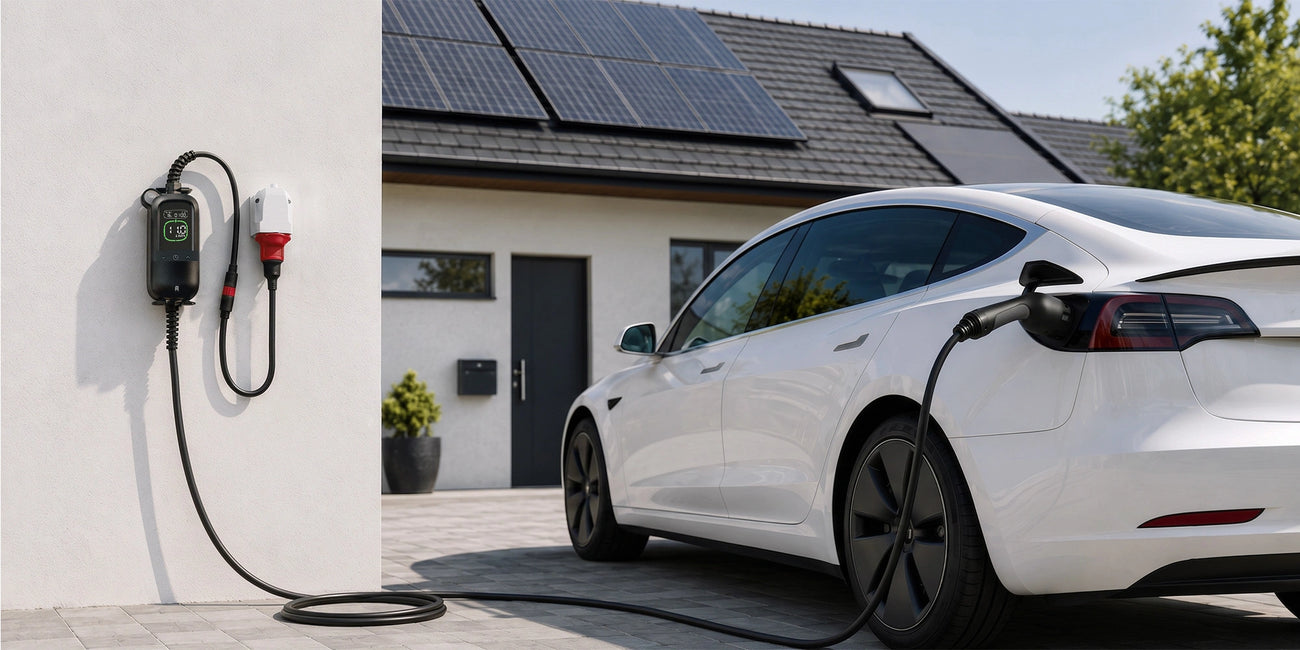 Rheidon PC200 Pro-11K charging an electric car with surplus energy from a home solar system