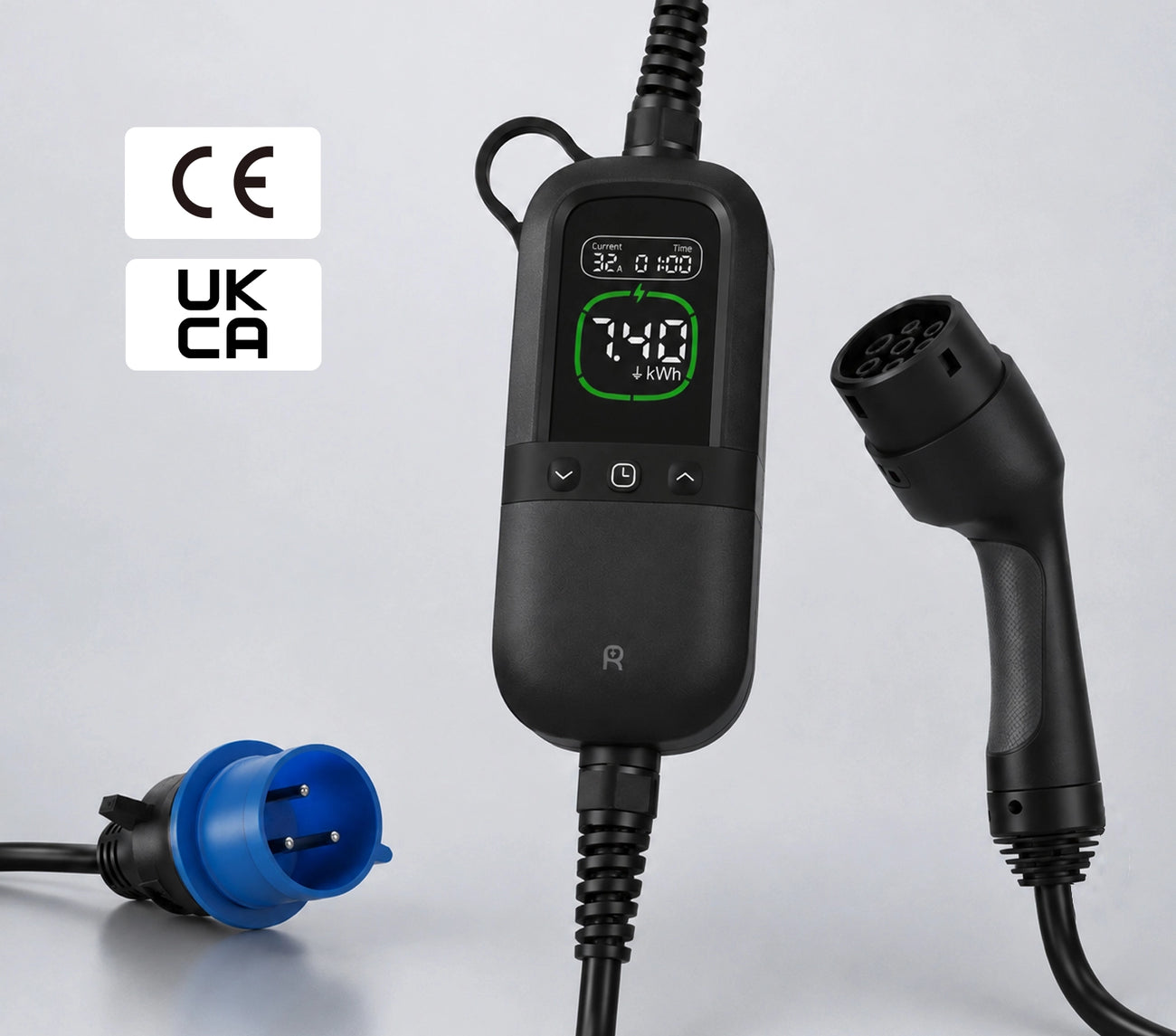 Rheidon PC200 Pro-7K4 portable EV charger with CE and UKCA conformity markings