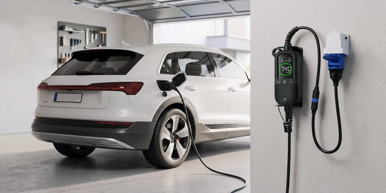 Rheidon PC200 Pro-7K4 portable EV charger charging an electric car at home