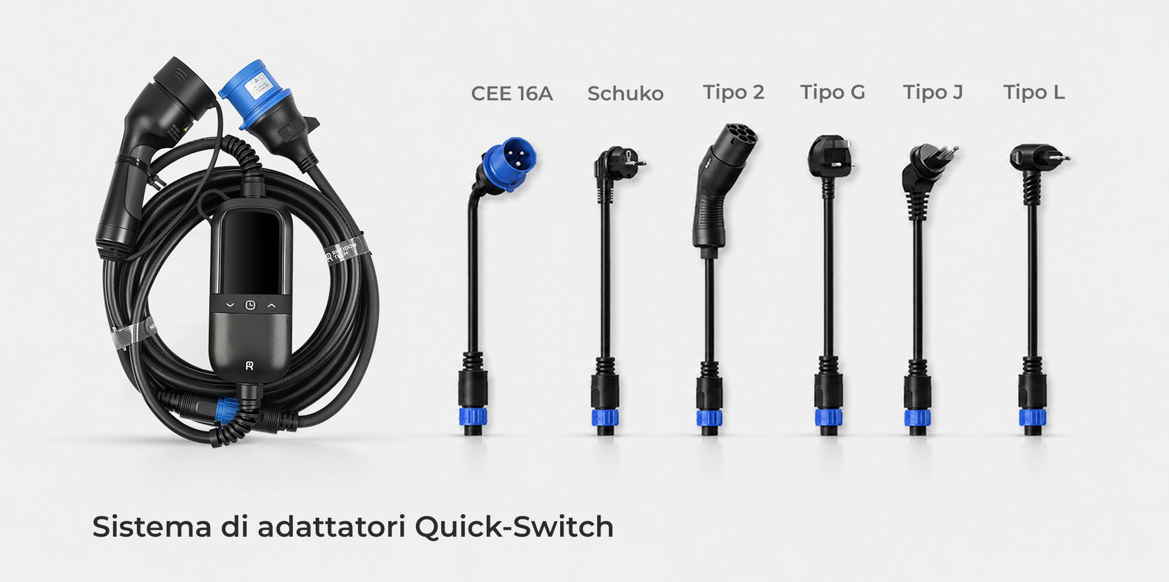 Rheidon PC200 Pro 7.4kW portable EV charger with Quick-Switch adapters for multiple power connections.
