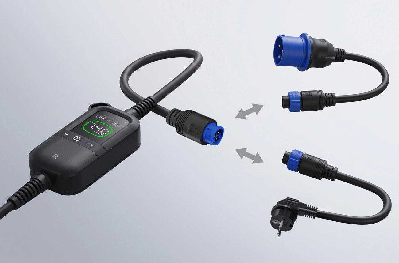 Rheidon PC200 Pro-7K4 portable EV charger with interchangeable Quick-Switch adapters