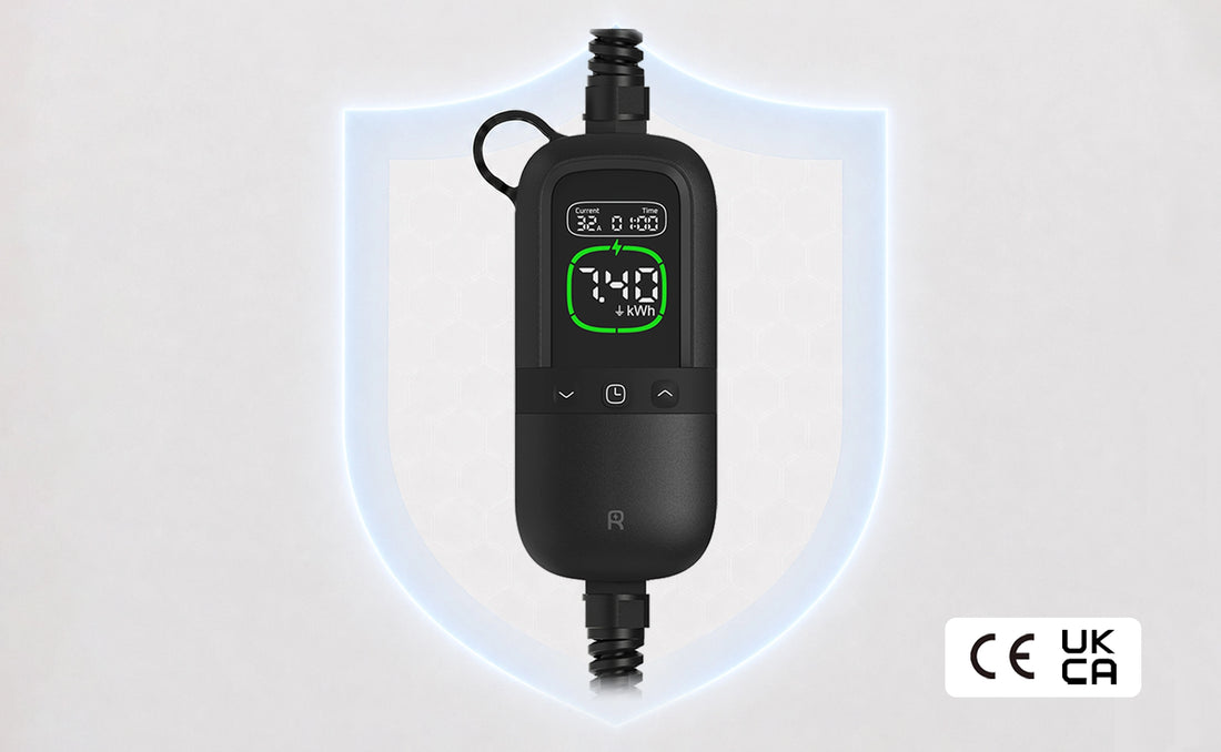 Rheidon PC200 portable EV charger with CE, UKCA and TÜV safety certifications