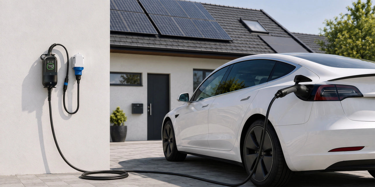 Rheidon PC200 Pro-7K4 charging an electric car with surplus energy from a home solar system