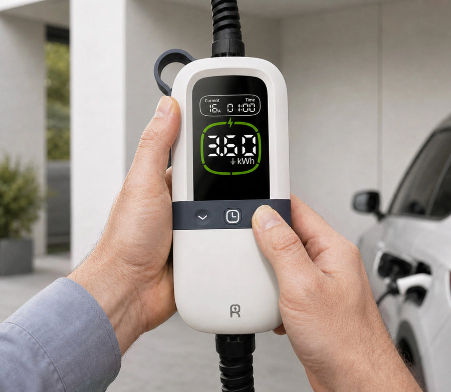Setting the charging current and timer on the Rheidon PC200 portable EV charger