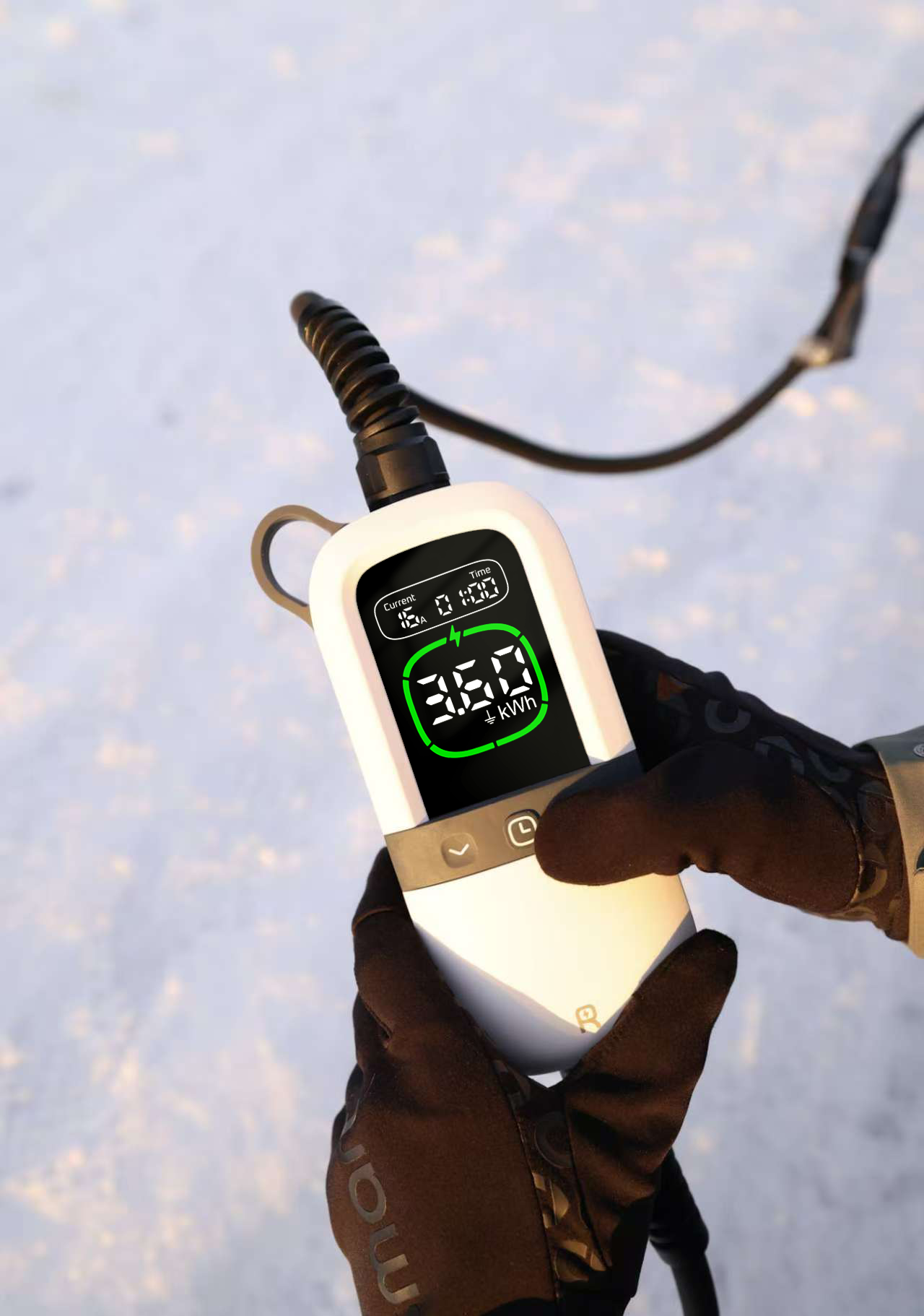 Rheidon Tech PC280 7k2/ PC200 3k6 with a screen displaying readings, held by a gloved hand against a snowy background.