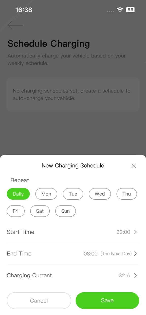 PC200-7K2 app schedule showing repeat days, start and end times, and charging current