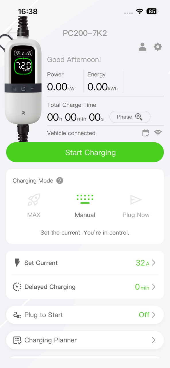 PC200-7K2 app status screen showing the vehicle connected and ready to start charging
